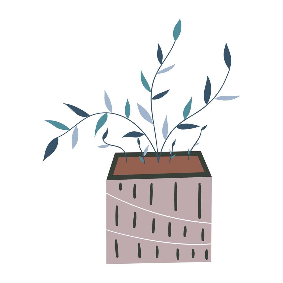 Flower pot for home garden and hobby. Plant with leaves in the ground for watering and care. Flat vector illustration