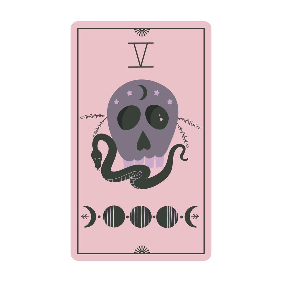 Vintage tarot cards with moon phases, skull and snakes isolated on a white background. Celestial magic for occult and divination. Pink light cards. Serpent with skull. Flat vector illustration.