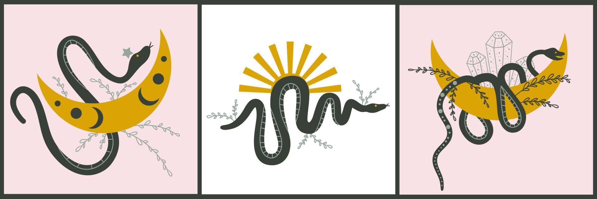 Set of mystical snakes for celestial vintage astrology and occultism. Serpent with moon and sun for spiritual magic. Flat vector illustration.