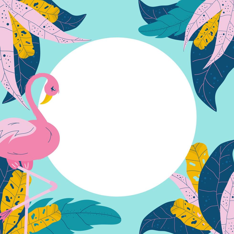 Summer template with flamingos and tropical leaves and place for text. Round design with pink bird and colorful tropical leaves. Flat vector illustration