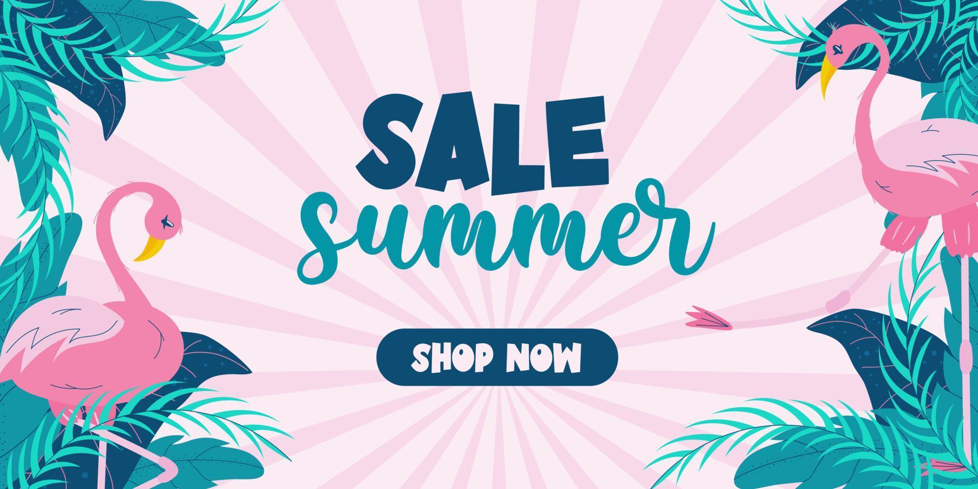 Summer banner with tropical leaves and flamingos on a pink background with sale shop text. Green leaves and pink bird. Flat vector horizontal illustration