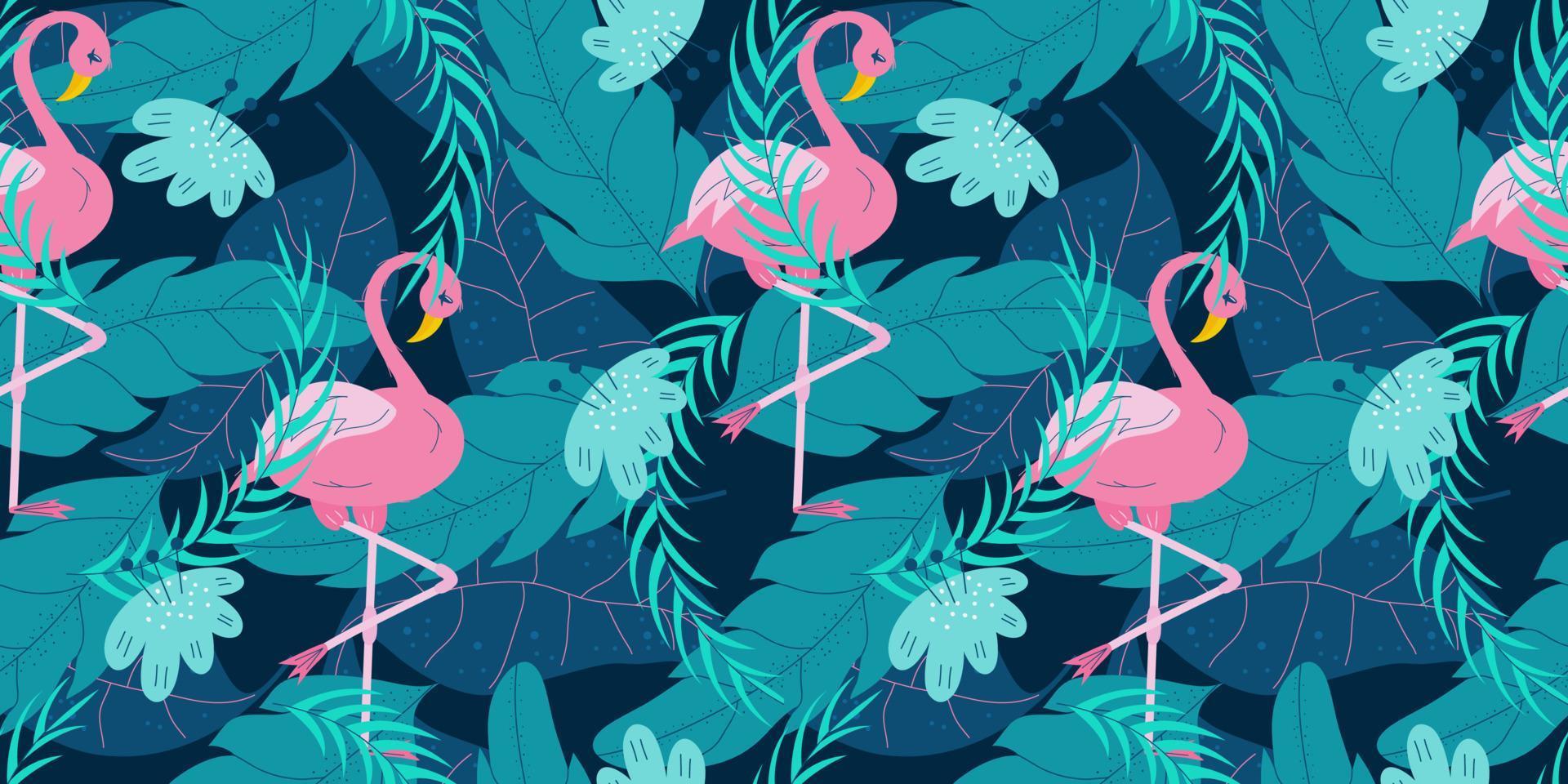 Seamless summer pattern with pink flamingo and tropical leaves and flower. Blue leaves and flamingo on a dark background for summer design. Flat vector illustration