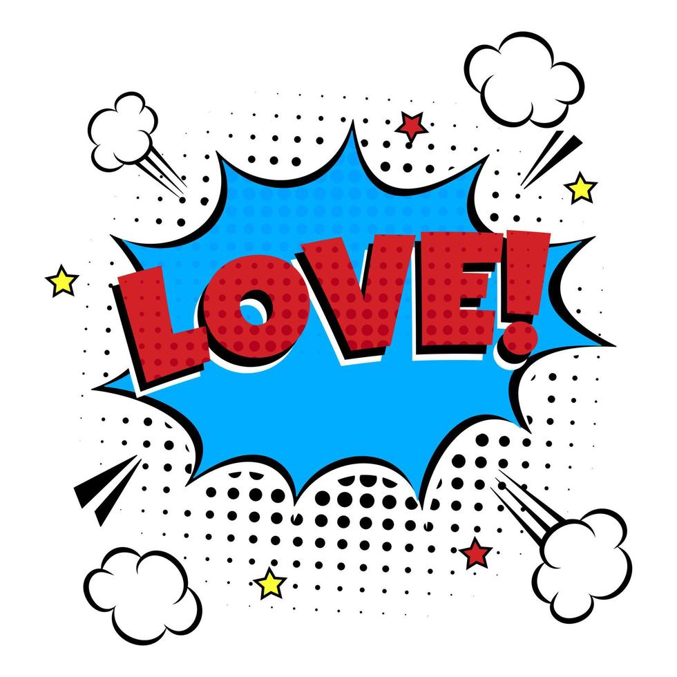 Comic Lettering Love In The Speech Bubbles Comic Style Flat Design. Dynamic Pop Art Vector Illustration Isolated On White Background. Exclamation Concept Of Comic Book Style Pop Art Voice Phrase.