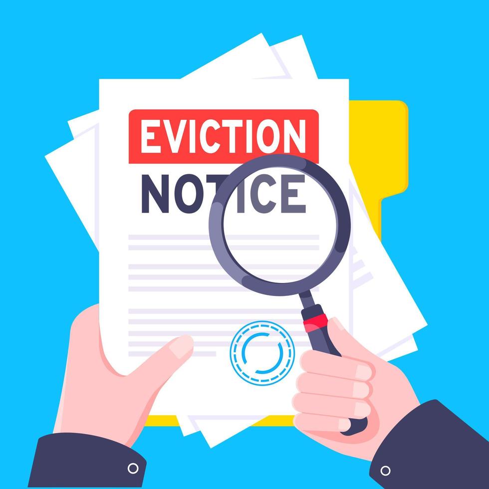 Hand holds eviction notice legal document on the clipboard with stamp, paper sheets and a pen vector illustration.