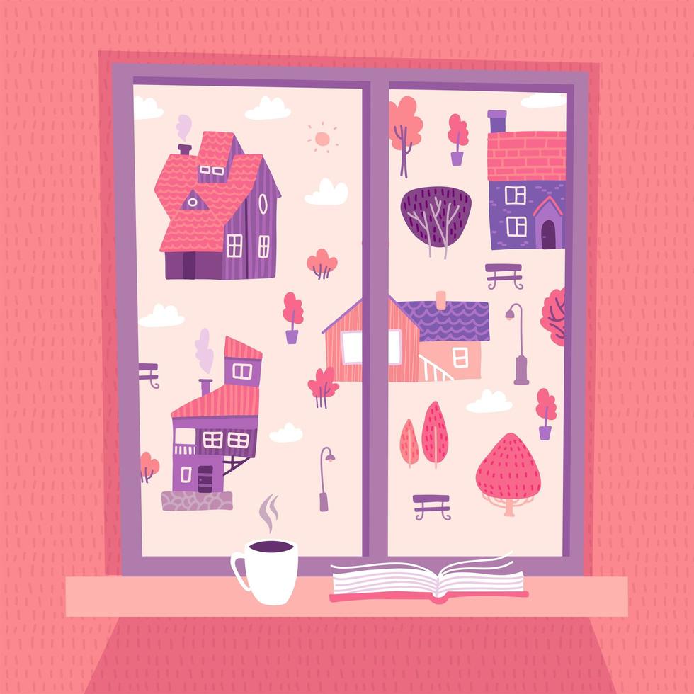 Spring window with view on lovely landscape with houses and trees. Open book and cup of coffee on the sill. Cute cozy vector illustration in flat hand drawn style.