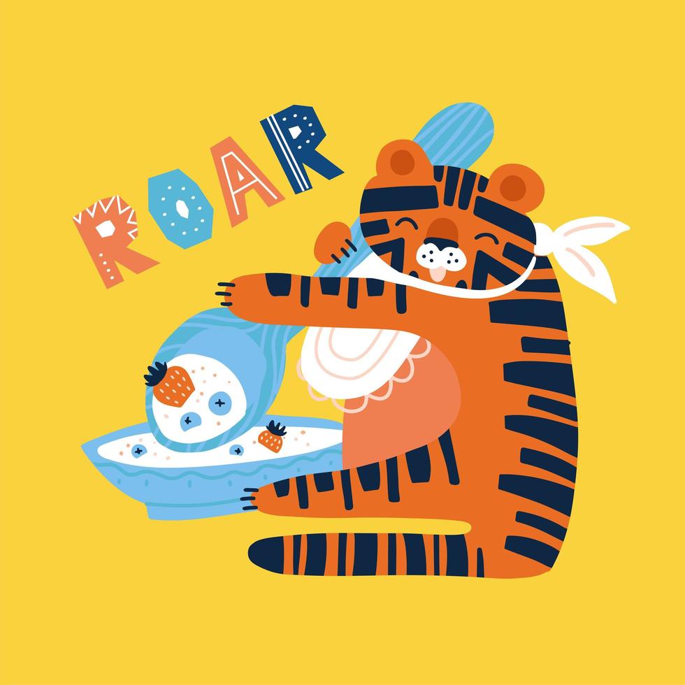 Fun tiger with spoon and plate eating porridge with berries. Flat hand drawn vector illustration. Roar doodle lettering quote