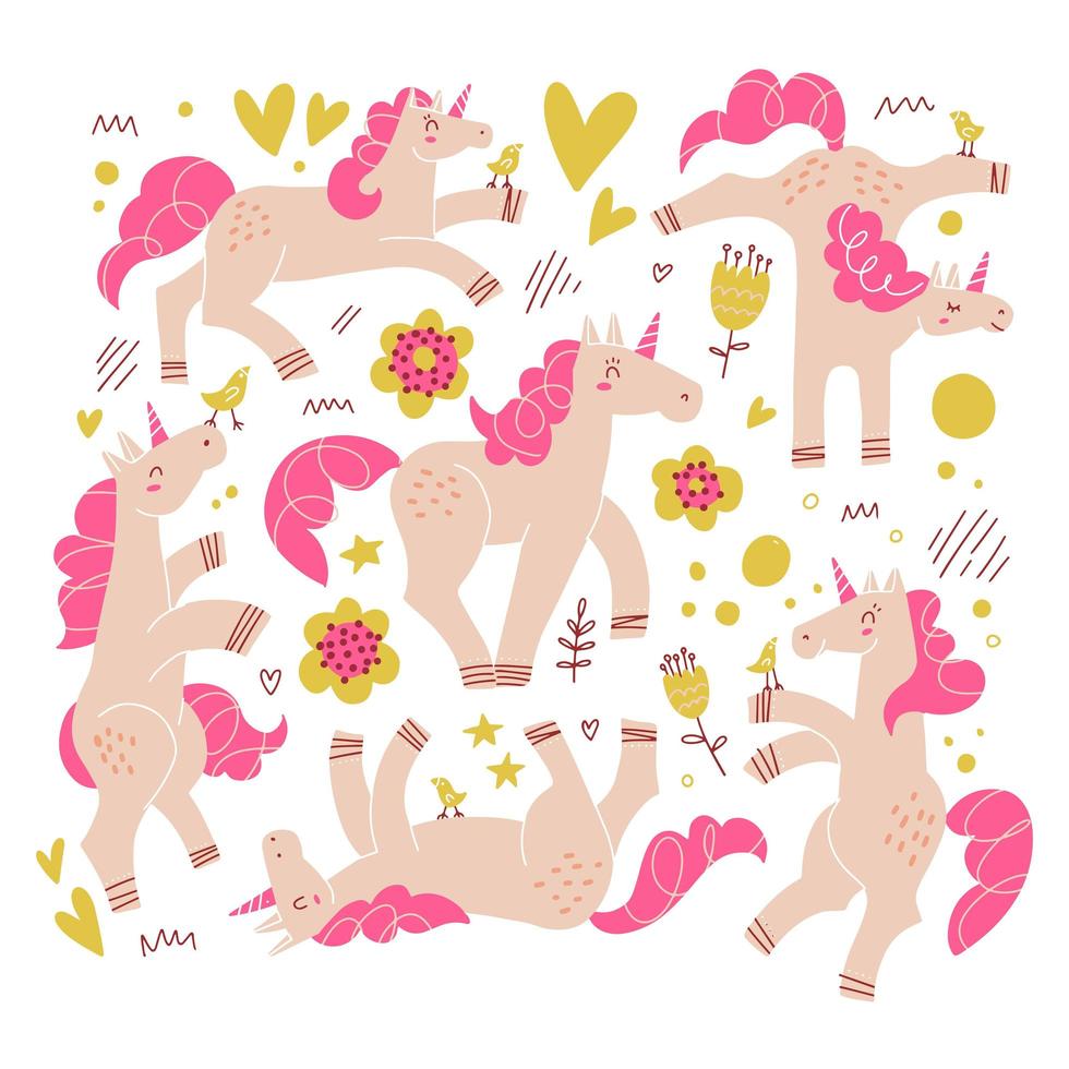 conjunto de unicornios rosas con melena y cola magenta en diferentes poses aisladas en fondo blanco con imágenes prediseñadas de decoración abstact. decoración de flores y corazones. ilustración vectorial plana. vector