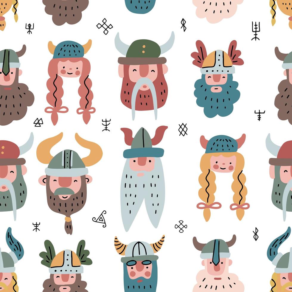 Seamless pattern with vikings faces. Flat scandinavian Vector repeated background of northern woodland. Men and women characters.