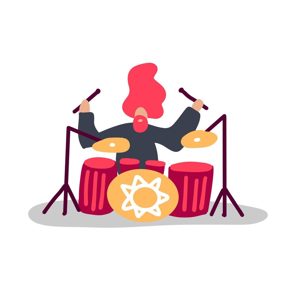 Excited Drummer Playing Hard Rock Music with Sticks on Drums. Childish Musician Character Performing on Stage with Percussion Instrument. Music Star Entertainment Show Cartoon Flat Vector Illustration