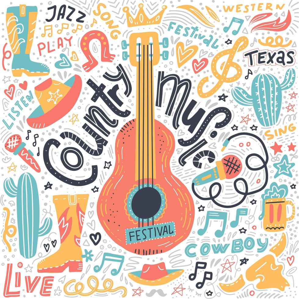 Set of Country music elements for postcards or festival banners. Vector hand drawn illustration in flat doodle style. Guitar with written lettering.