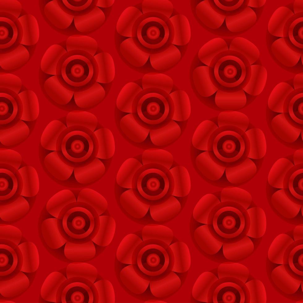 Red Chinese background with 3d flower seamless pattern for New Year decoration. Spring blossom vector backdrop.