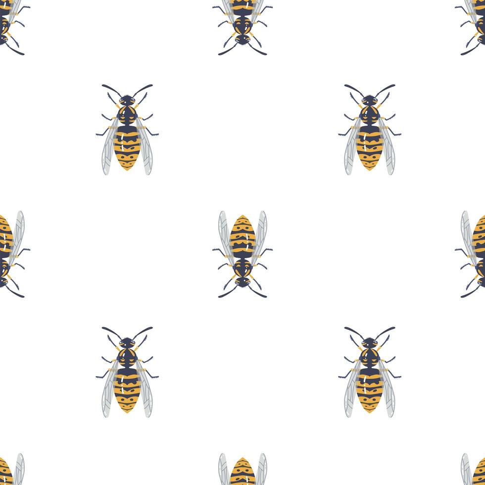 Seamless pattern with insects, symmetrical background with closeup yellow wasps isolated on the white backdrop. Flat vector illustration