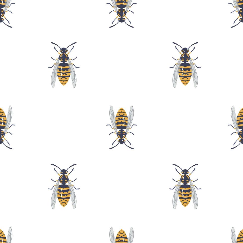 Seamless pattern with insects, symmetrical background with closeup yellow wasps isolated on the white backdrop. Flat vector illustration