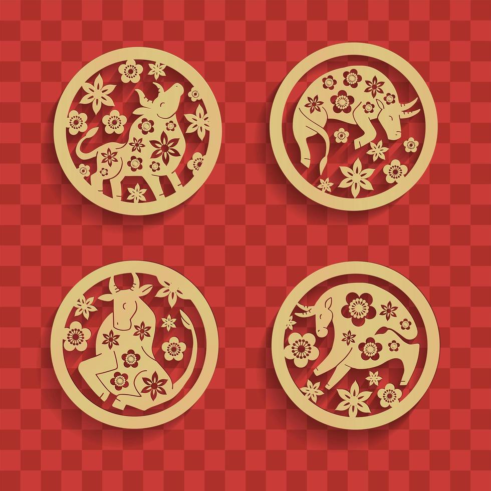 Set of Chinese characters zodiac elements, golden bulls in circle with flowers. Traditional Chinese ornament in golden round frame. Zodiac animals collection. Vector graphics to design.