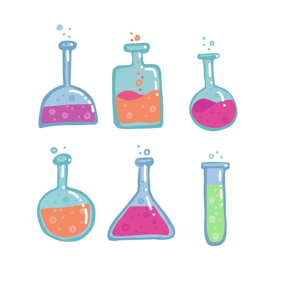 Set of 6 Chemistry Test tubes, different shapes flasks vector color sketch. Education and science isolated illustration in doodle style with decor. Collection of Hand drawn bulb with bubble liquid