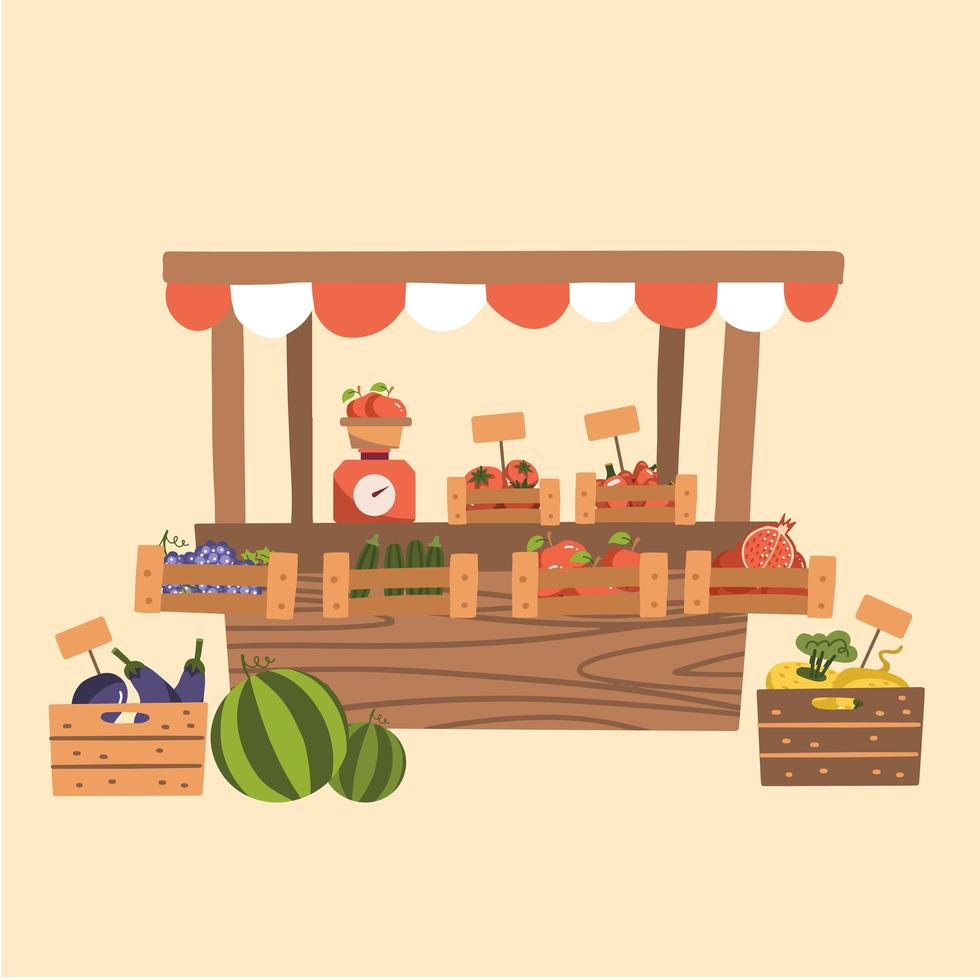 productos locales de otoño en el mercado de agricultores. frutas orgánicas, verduras en el puesto del mercado de madera. contador con balanza. ilustración vectorial plana. vector