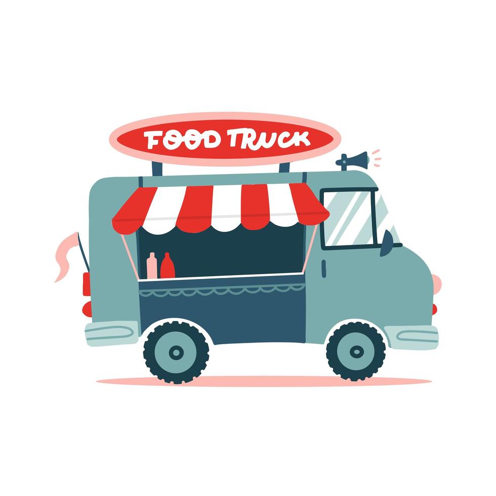 Opened street food truck with Awning, striped tent. Flat vector illustration isolated on white background. Lettering signboard. Vector flat hand drawn illustration.