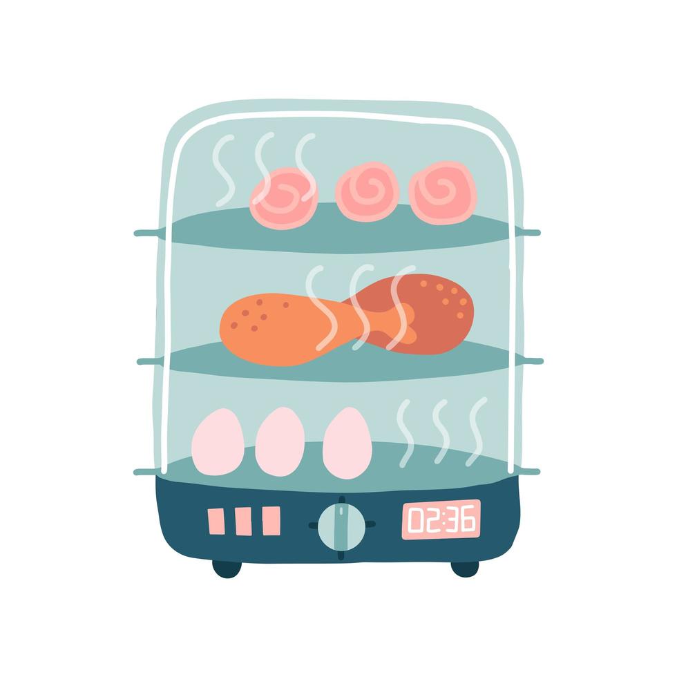 vaporera eléctrica original o baño maría. electrodomésticos y suministros de cocina de vapor de cocina doméstica con alimentos en el interior. ilustración vectorial aislado sobre fondo blanco. vector