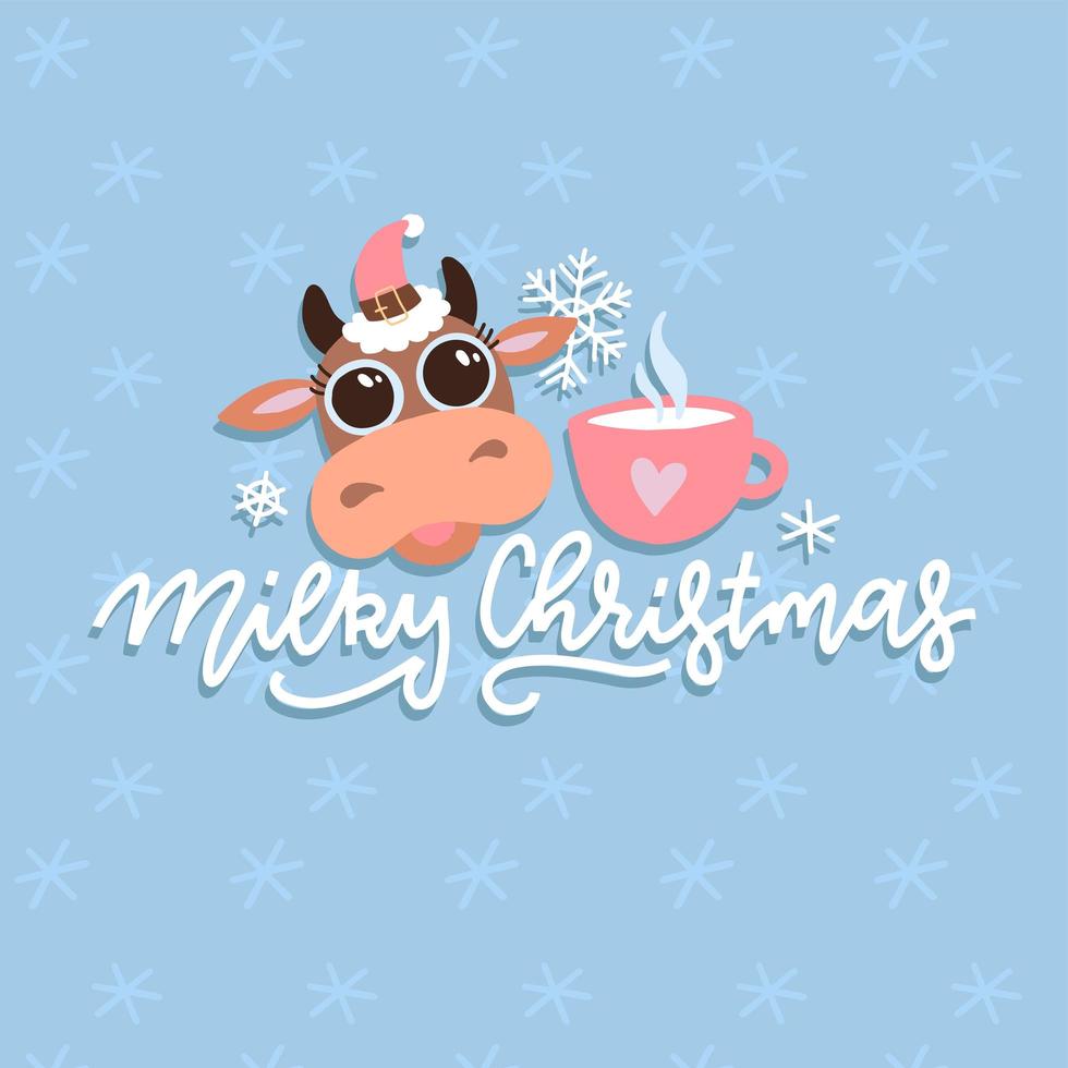 Christmas cute cartoon cow vector illustration with hand drawn lettering quote. Animal card for kid apparel print and greeting poster. New Year 2021. Milky Christmas calligraphy greeting card.