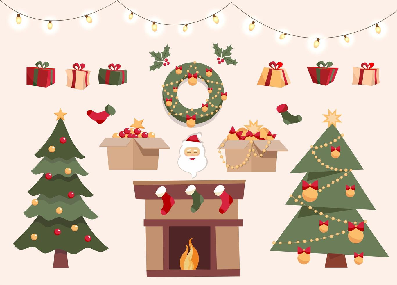 juego de navidad con objetos decorativos de invierno, dos árboles de navidad diferentes, juguetes en cajas, cajas de regalo, bolas, guirnaldas, santa claus, calcetines de navidad, corona. ilustración de vector de estilo de dibujos animados plana.