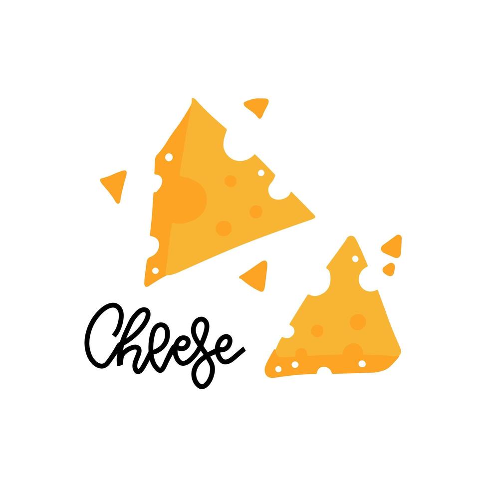 Pieces of yellow cheese with holes and lettering. Farm natural milk product. Doodle drawing of a food product isolated on white background. Cheesy taste. Flat vector ingredient for pizza, sandwiches