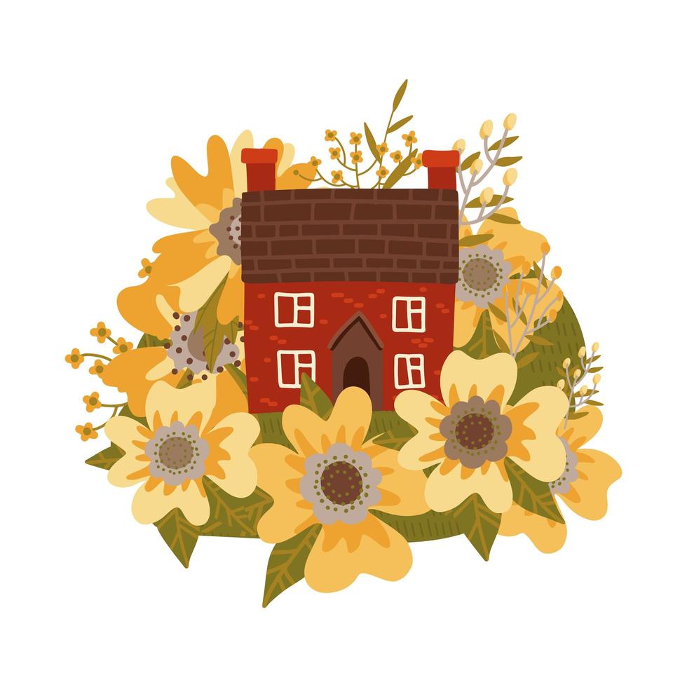 bonitas casas antiguas entre enormes flores silvestres amarillas de primavera. preciosa ilustración de edificio de dibujos animados en estilo vector plano. concepto retro aislado sobre fondo blanco.