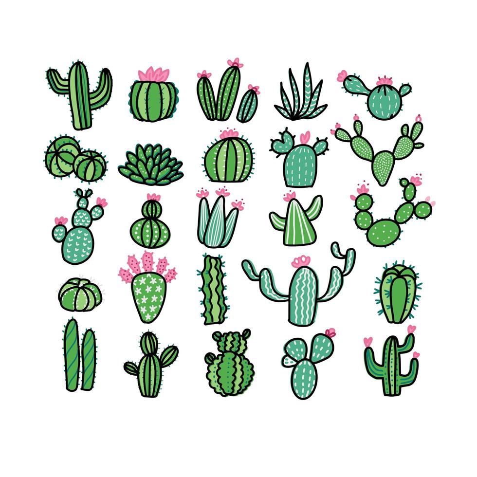 Cactus plants set. Vector colorful hand drawn outline sketch illustration isolated on white background. Cacti without pots.