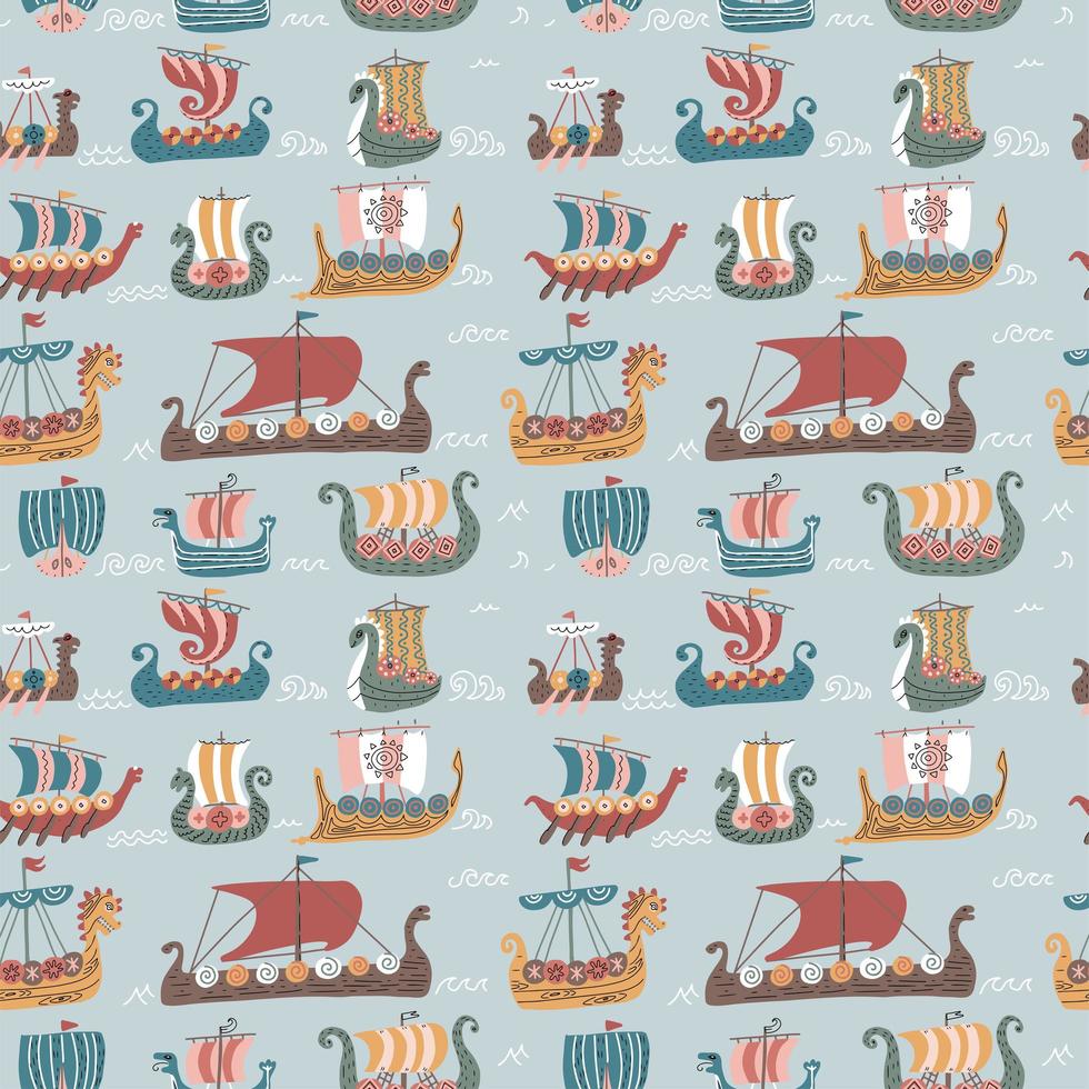 Seamless pattern with many Viking drakkars. Trendy scandinavian flat vector illustration. Sea sailboat ships.