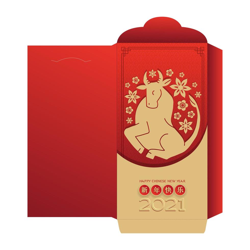 Chinese New Year Greeting Money Red Packet Ang Pau Design. Red and gold paper cut OX character in yin and yang concept, flower and asian craft paper cut style. Chinese translation - Happy new year. vector