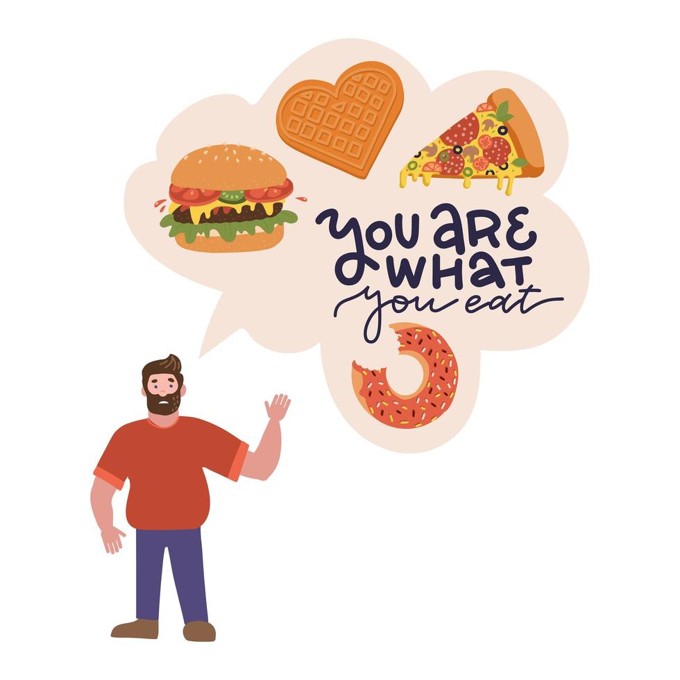 Overweight man in the You are what you eat concept. Male character with speach bubble with unhealthy food. Editable image useful in obesity placard, poster, infographics design in flat vector style.