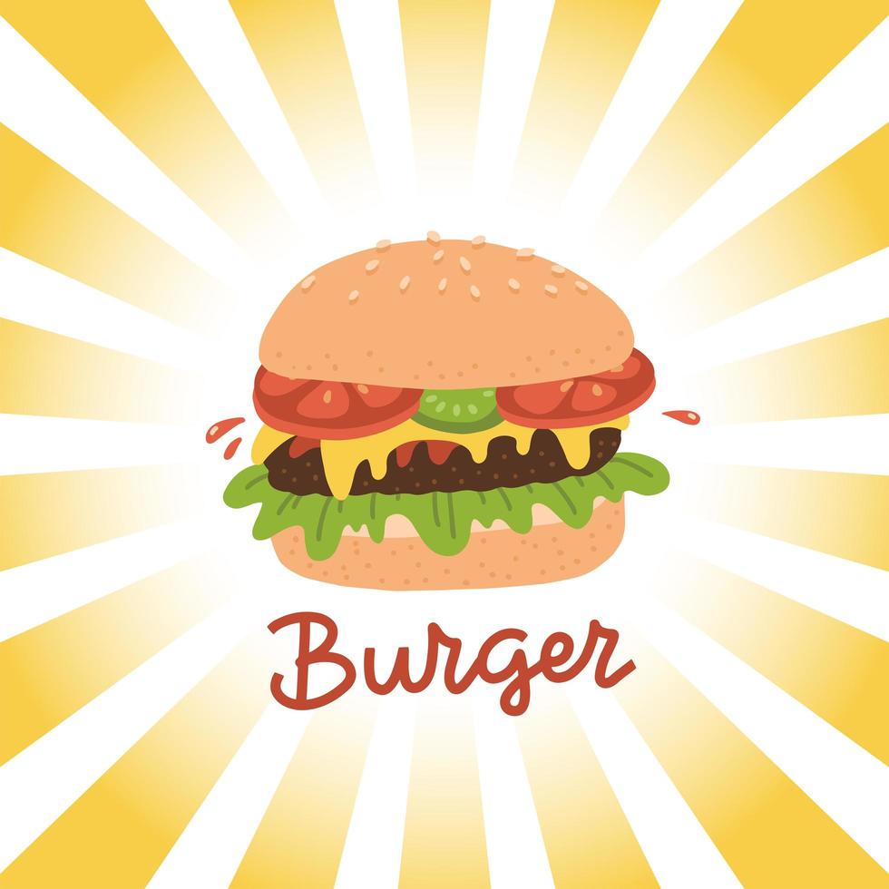 Street food lettering with burger and rays in retro style on the background. vector