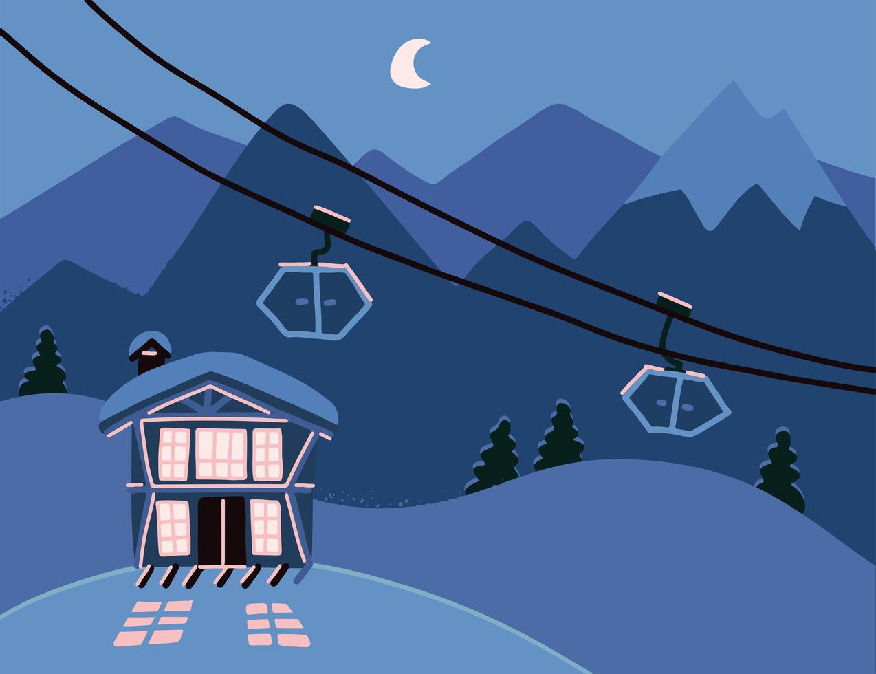 fondo de invierno con un hotel en montañas nevadas por la noche. apartamento de madera, chalet en resort para esquiar, hacer snowboard. telón de fondo colorido con una casa de campo acogedora y moderna. ilustración vectorial plana. vector