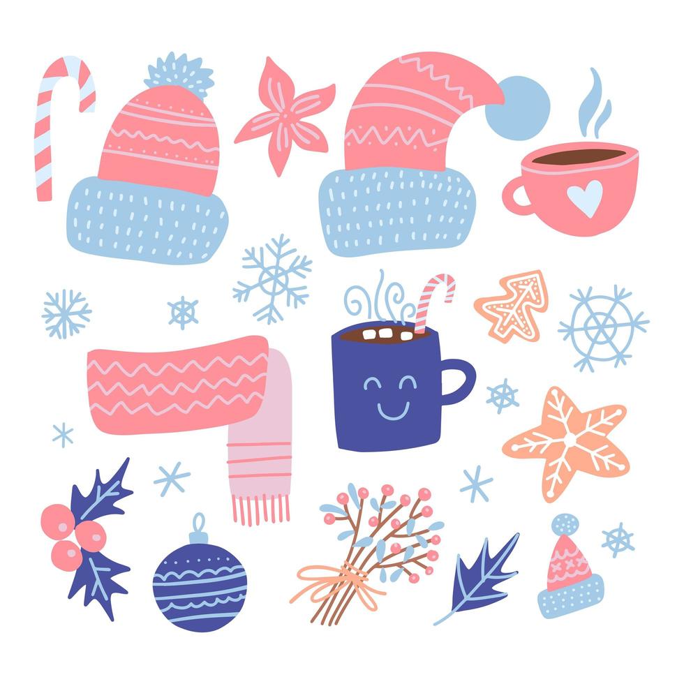 Set of Christmas design elements. Knitted hats, gingerbread , mistletoe, gifts, cup of hot cocoa, baubles. Happy holidays flat objects. Hand-drawn flat vector illustration.