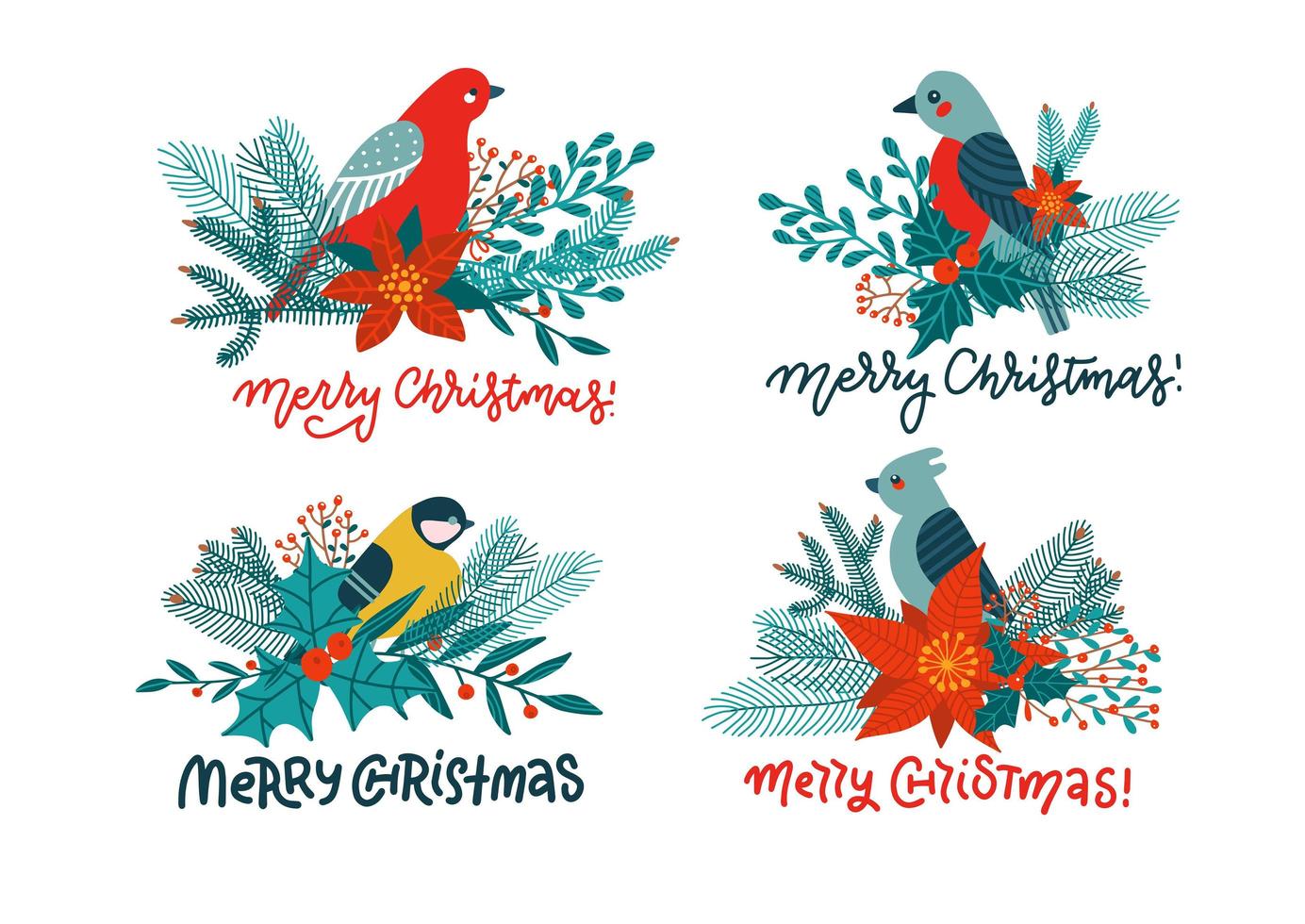 Titmous and red cardinal on holly branch eating berries winter set. Christmas decoration. Isolated concepts with lettering quotes Vector flat cartoon illustration isolated on white