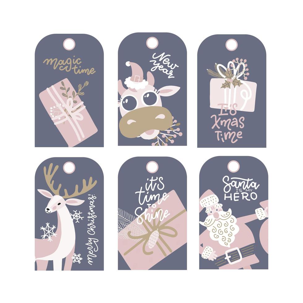 Merry Christmas, Happy New Year vintage hand drawn gift tags, postcards, labels, stickers, badges. Xmas calligraphy with festive characters and gift boxes. Vector flat illustration in pastel colours.