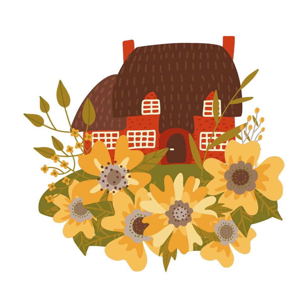 Small old house with thatched roof among huge flowers and leaves. Vector flat illustration on white background.