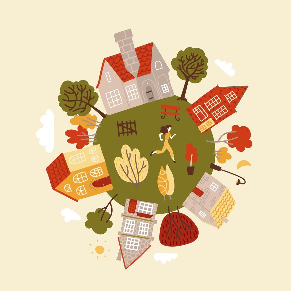 Cote round planet with a green trees, cozy small houses, and character. Home of happiness and calmness. Flat vector illustration.