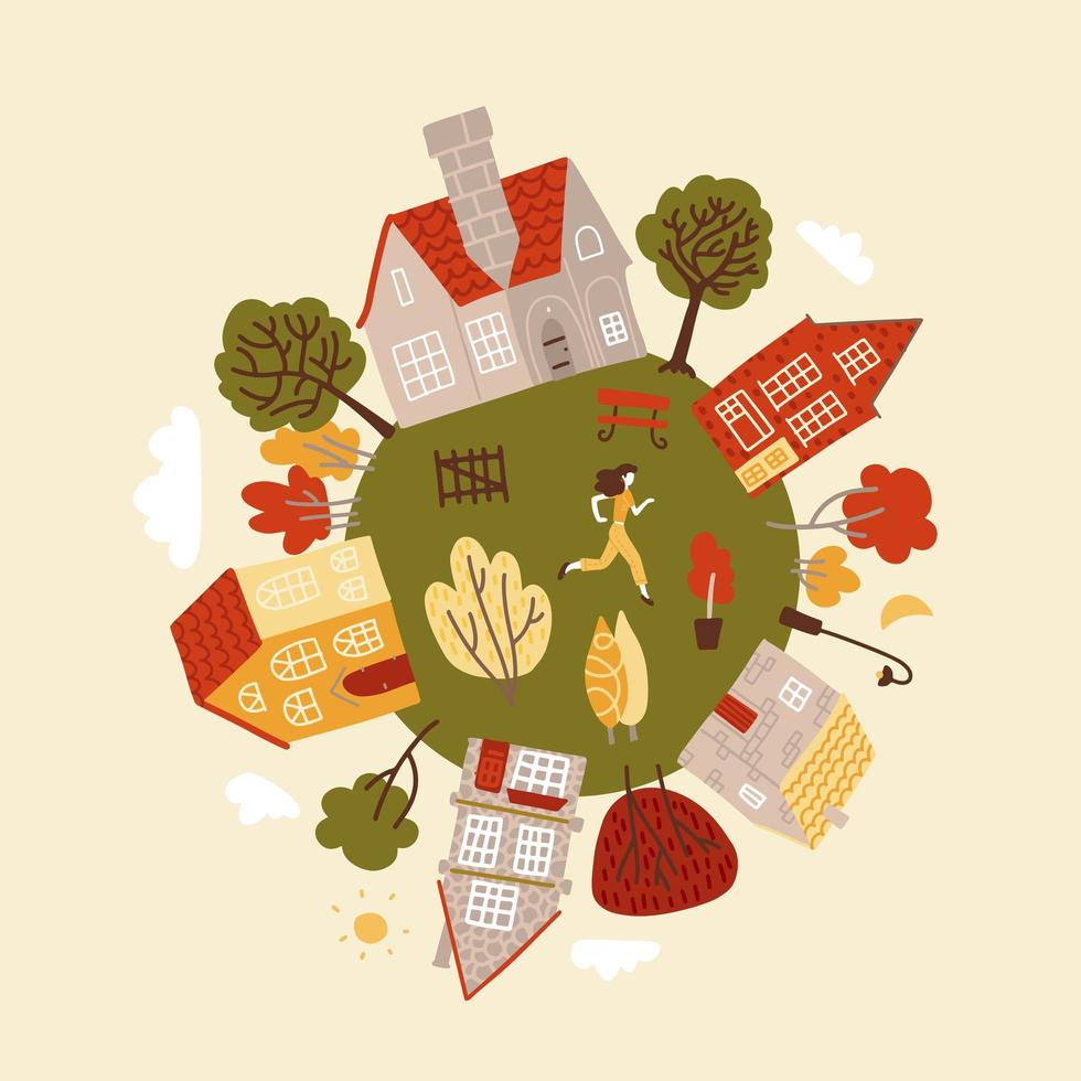 cote planeta redondo con árboles verdes, pequeñas casas acogedoras y carácter. hogar de felicidad y tranquilidad. ilustración vectorial plana. vector