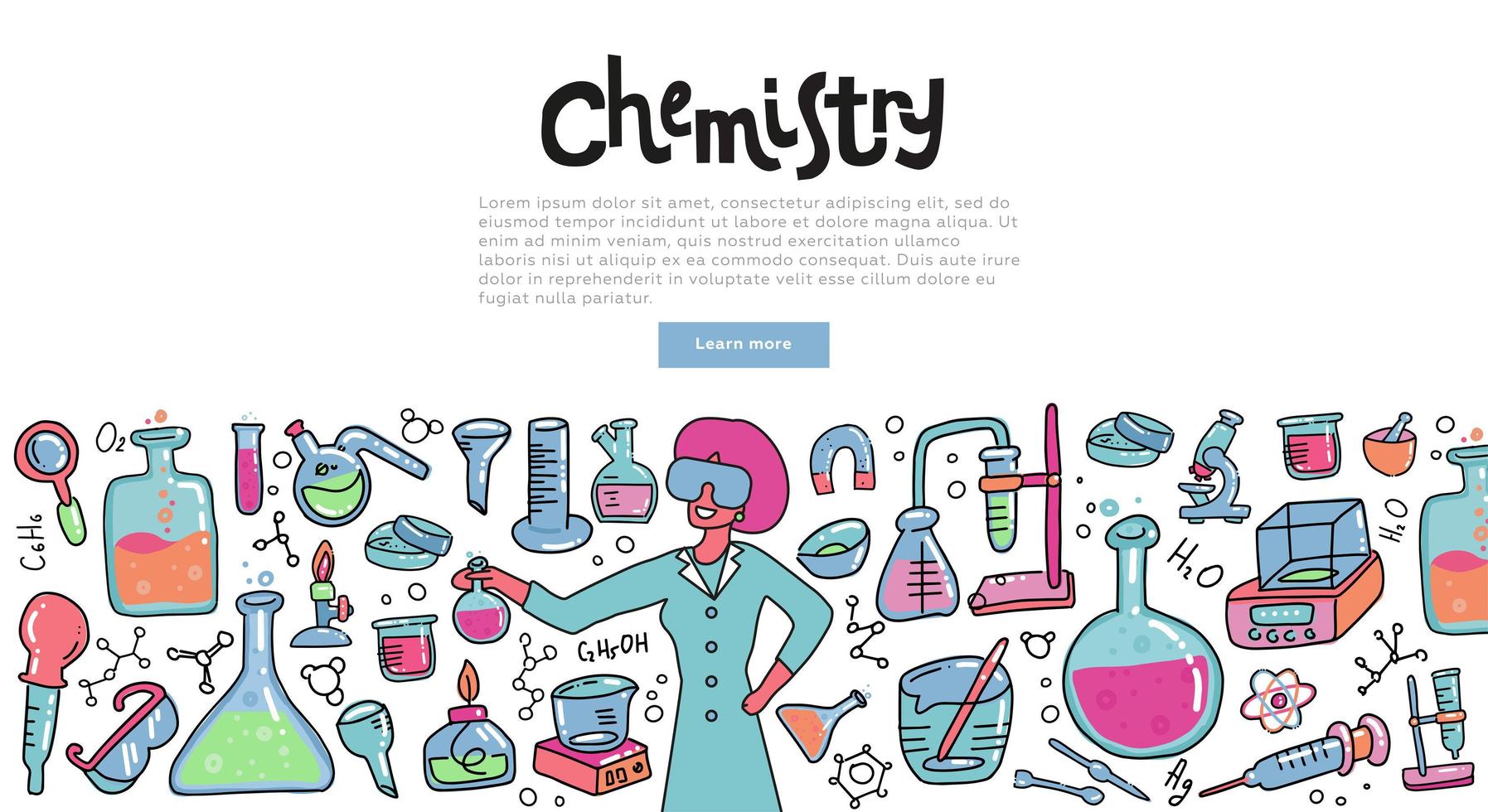 Scientist woman with a chemistry glass explaining chemical reaction. Education concept of chemistry science for banners. Doodle vector color illustration