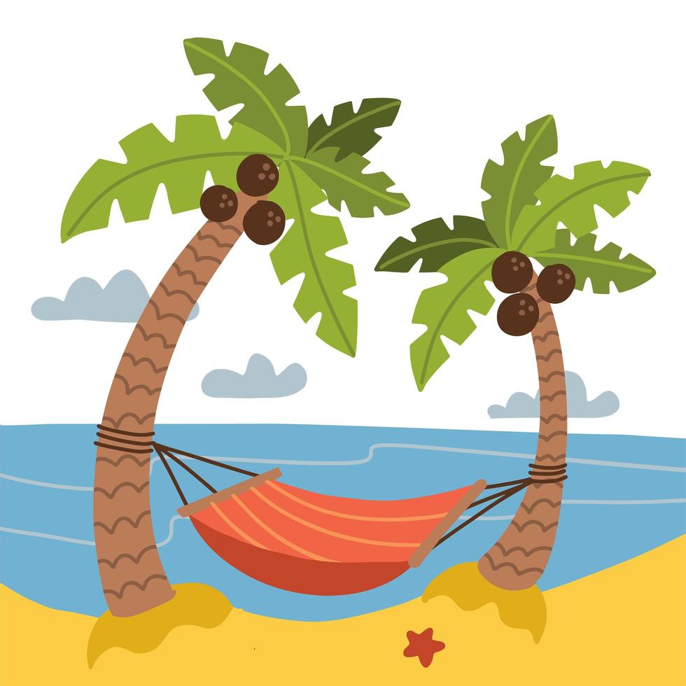 concepto de vacaciones y viajes. hamaca roja entre palmeras de coco en el fondo del mar. paisaje de playa de arena. ilustración vectorial plana de dibujos animados vector