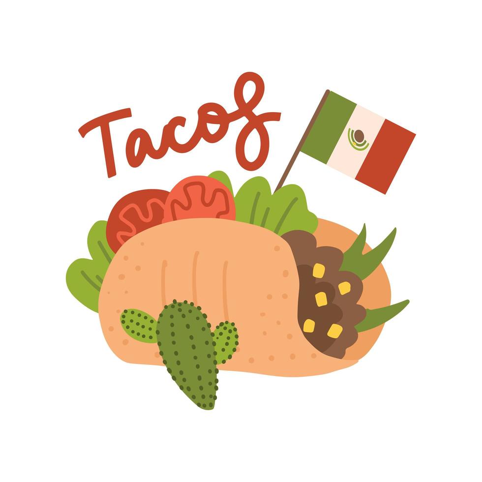 Big tasty Taco concept with Mexican flag. Tacos mexican food. Traditional tacos isolated on white background. Flat hand drawn vector illustration with lettering