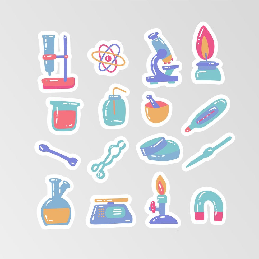 conjunto de pegatinas para el experimento de química infantil. tubos de ensayo de laboratorio vector boceto concepto educación y ciencia ilustración en estilo de dibujos animados. elementos, herramientas. reacciones investigación cosas médicas