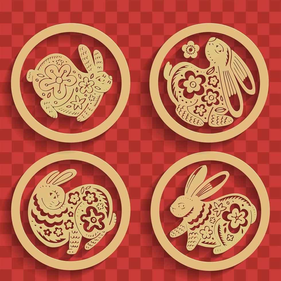 Golden rabbit silhouette set in various poses in golden circles. Collection of elements for Chinese new year decoration. 3d baadges with shadows. Vector realistic gold design.