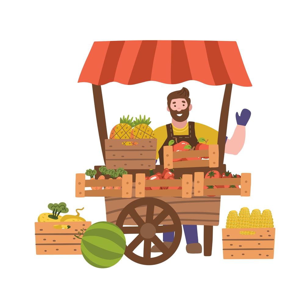 Street seller with stall with fruits and vegetables. Local farmer business. Flat vector illustration