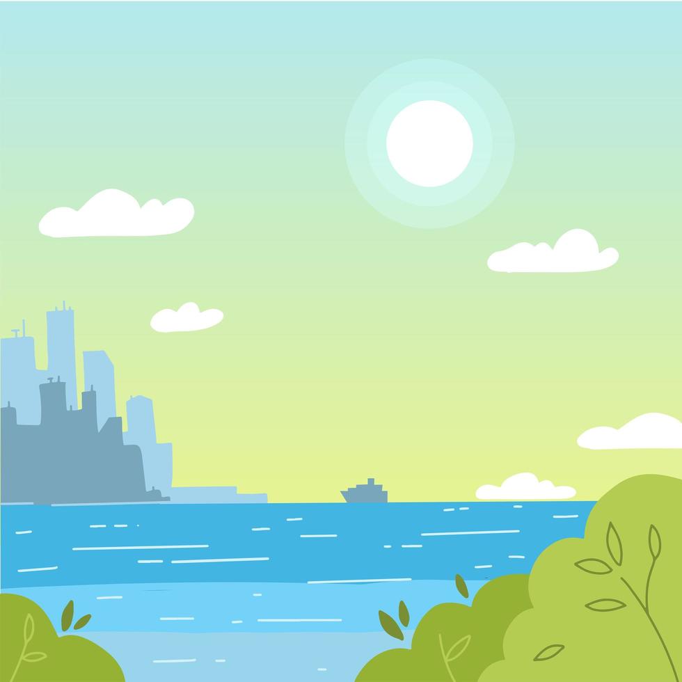Cityscape view with sea background. City landscape daytime view with skyscraper building silhouettes illustration - flat vector illustration. View from the other side