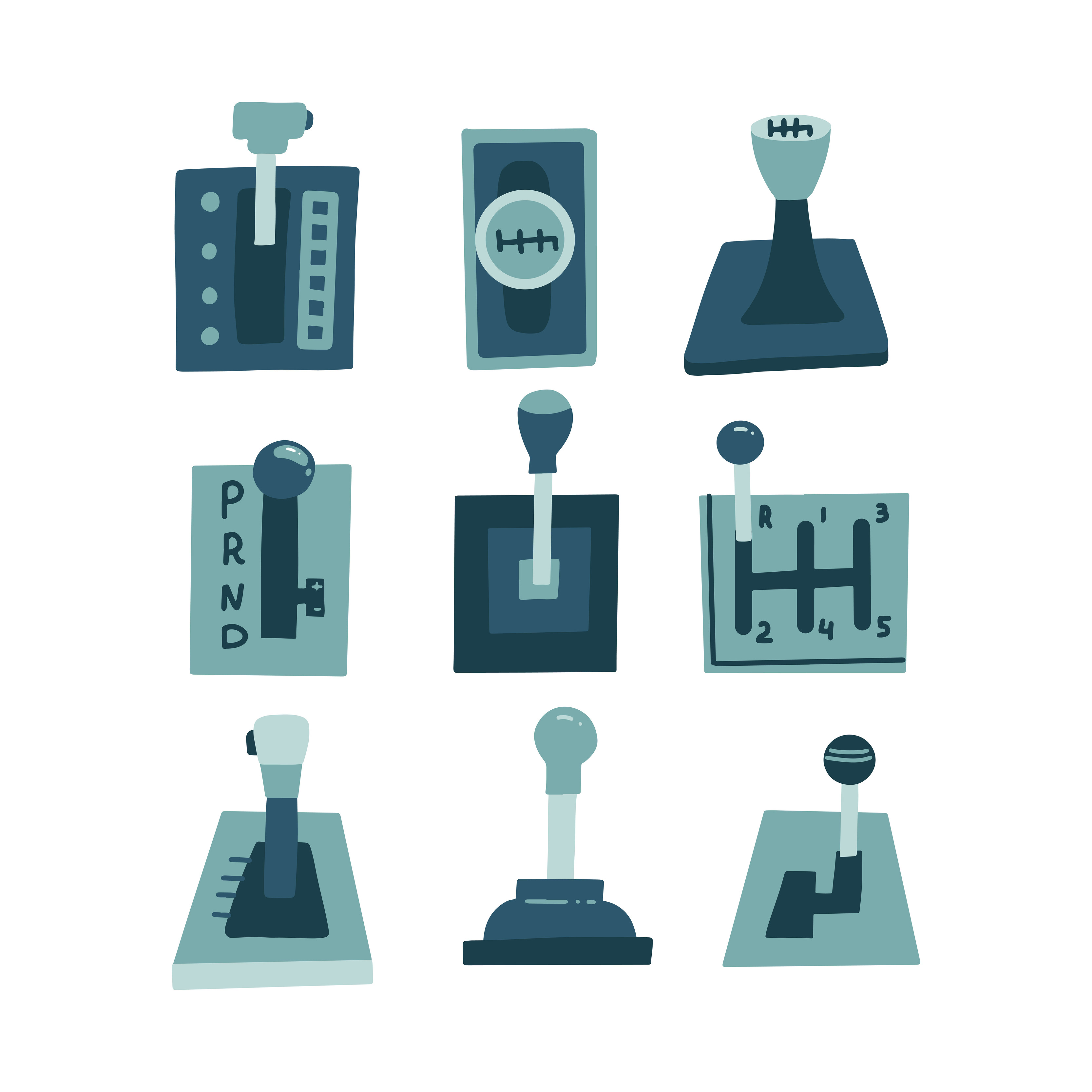 Set of mechanical, manual and automatic gearbox. Flat vector