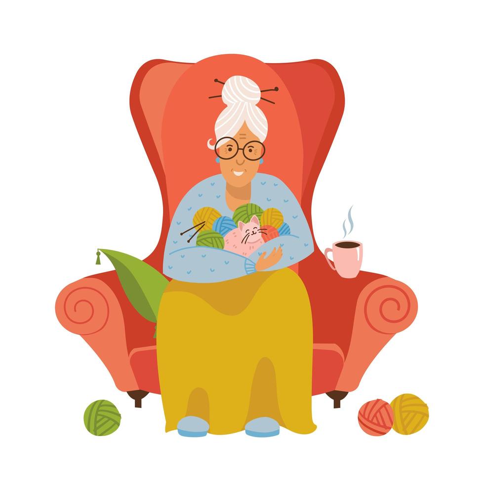 Knitting. Old female sitting in a cozy armchair knitting. Isolated flat vector illustration of a Granny knitting. The gray-haired grandmother holds in her hands clews and cat.