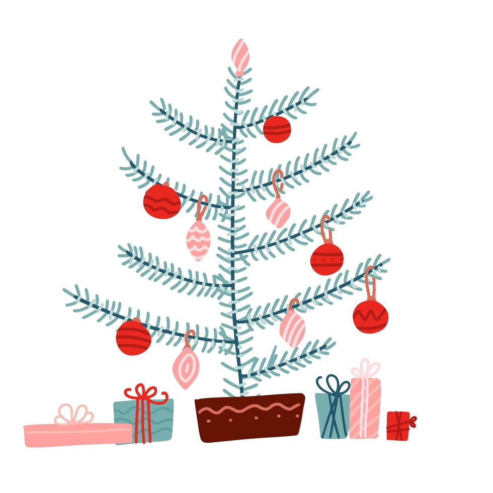 Christmas concept. Christmas tree decorated with decoration balls and baubles with lots of gift boxes. Flat vector illustration in hygge style.