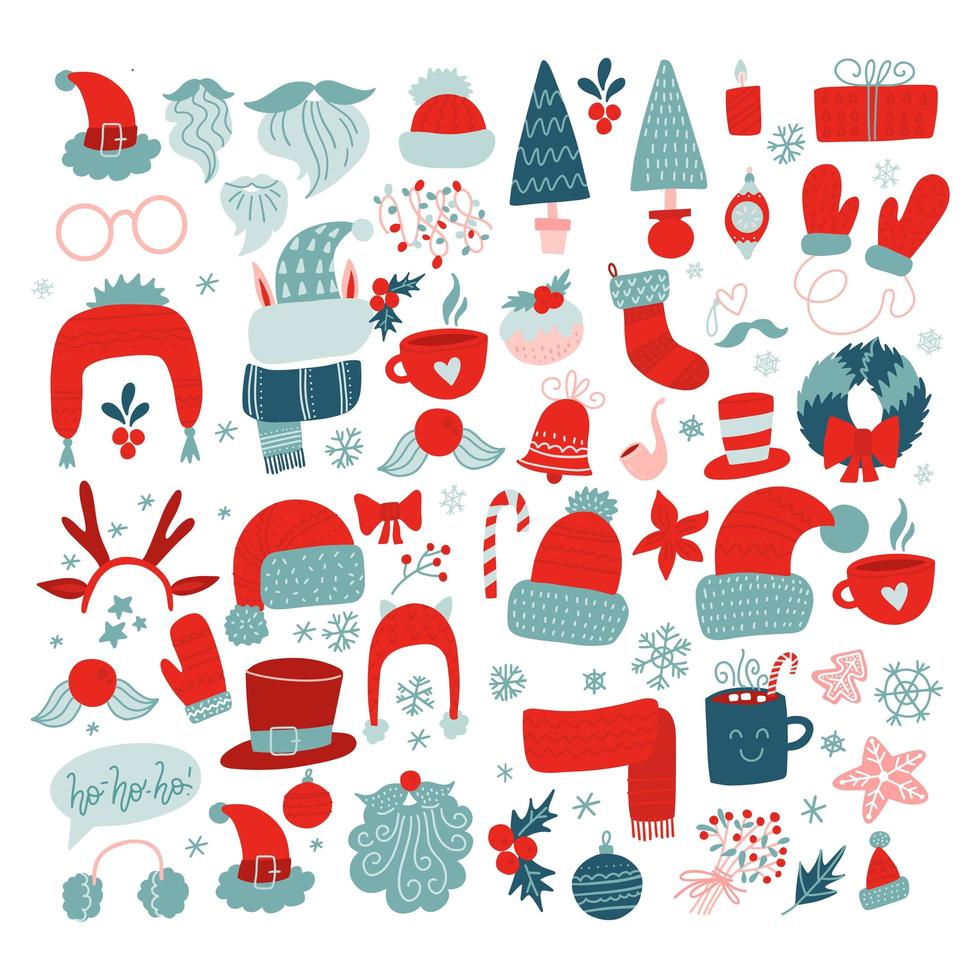 Christmas, New Year holidays icon big set. Red and green xmas decoration. Decor elements. knitted chothes. Flat hand drawn style collection. Vector illustration