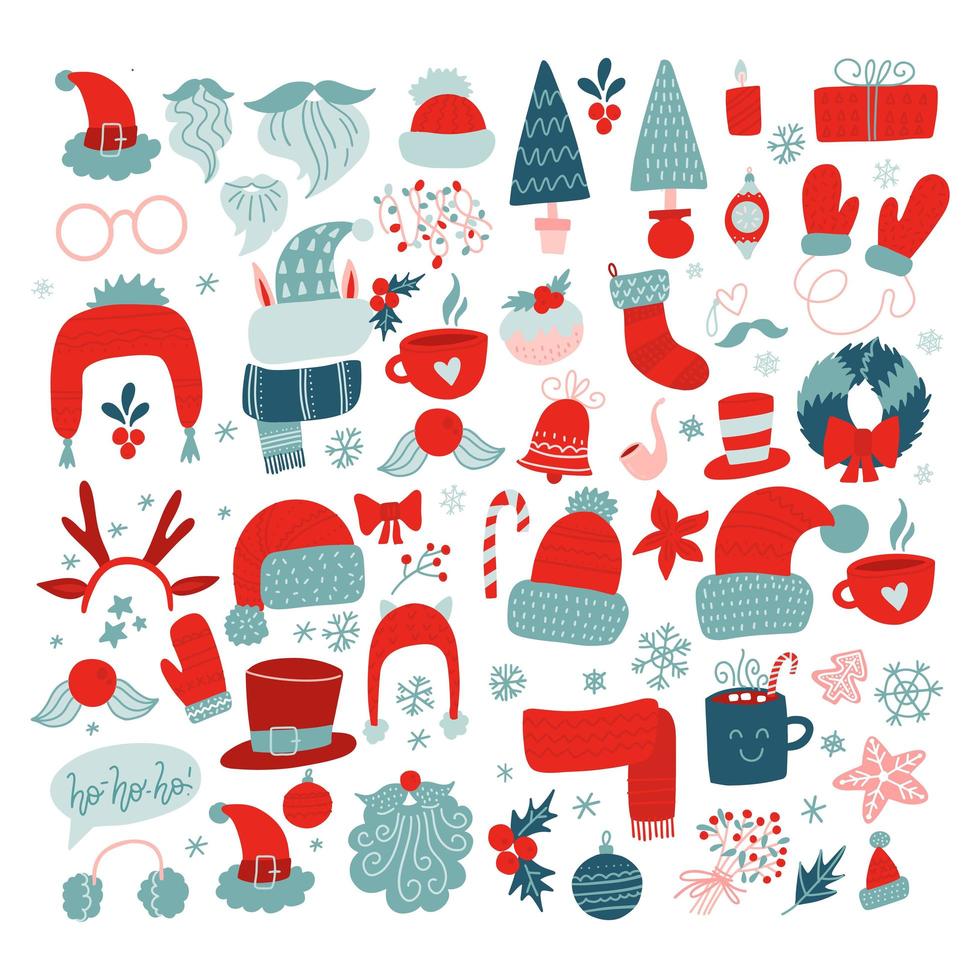 navidad, año nuevo icono de vacaciones conjunto grande. decoración navideña roja y verde. elementos de decoración chotes de punto. colección de estilo dibujado a mano plana. ilustración vectorial vector